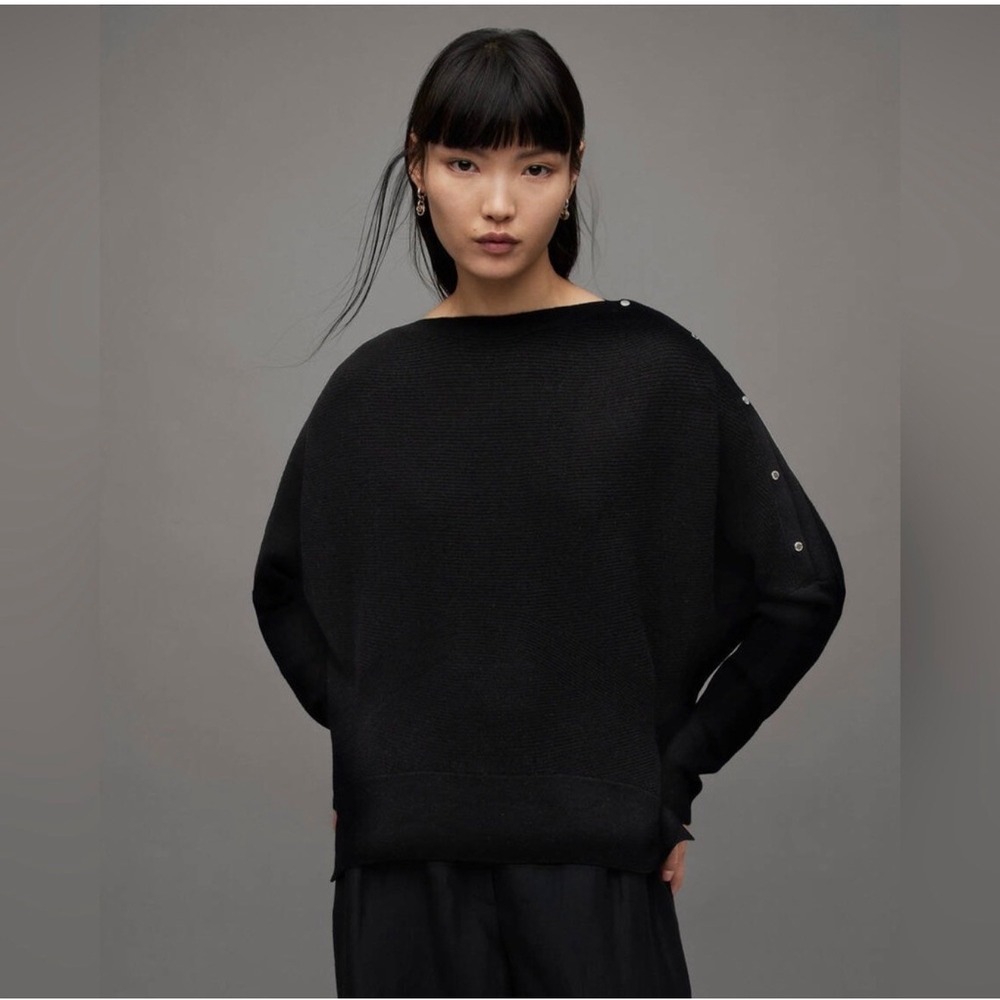 AllSaints Raven‎ Wool Cashmere Blend Button Shoulder Batwing Sweater Black Small
